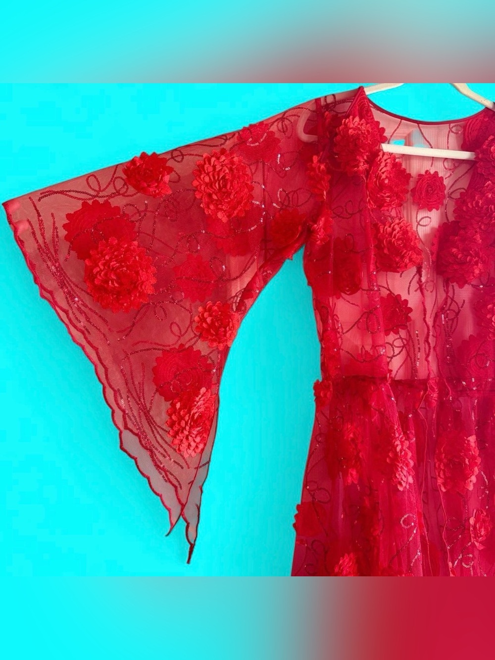 Handmade cherry red floral sequin duster